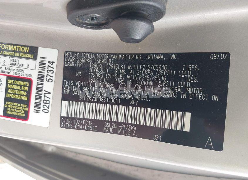 Photo 9 of 2008 Toyota Sienna LE (VIN 5TDZK23C08S110011)