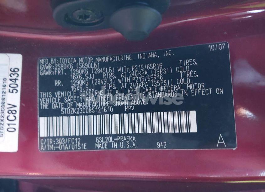 Photo 9 of 2008 Toyota Sienna LE (VIN 5TDZK23C08S121610)