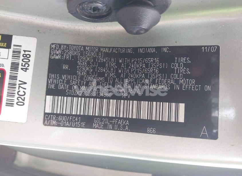 Photo 9 of 2008 Toyota Sienna LE (VIN 5TDZK23C08S134860)