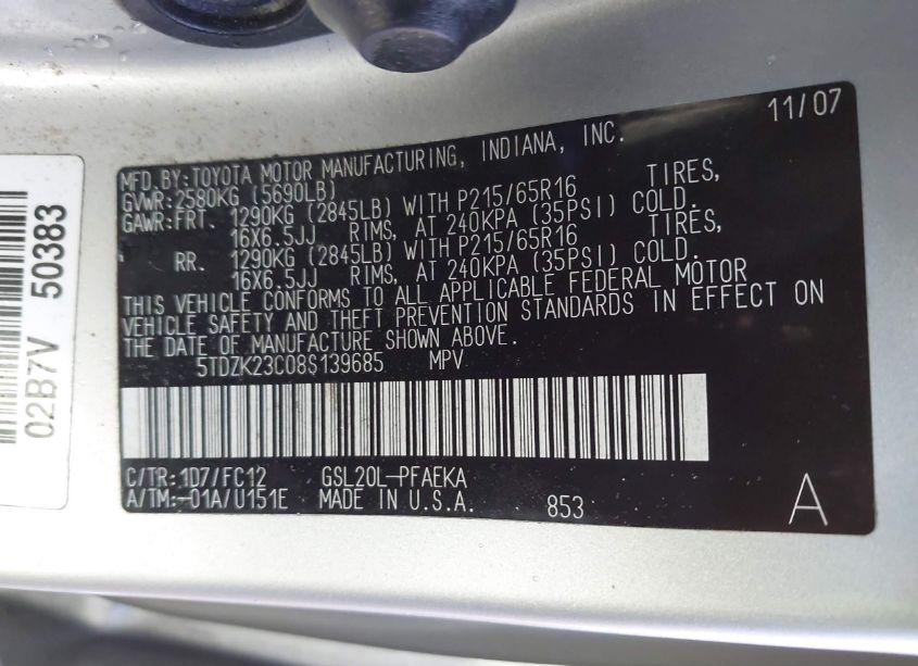 Photo 9 of 2008 Toyota Sienna LE (VIN 5TDZK23C08S139685)
