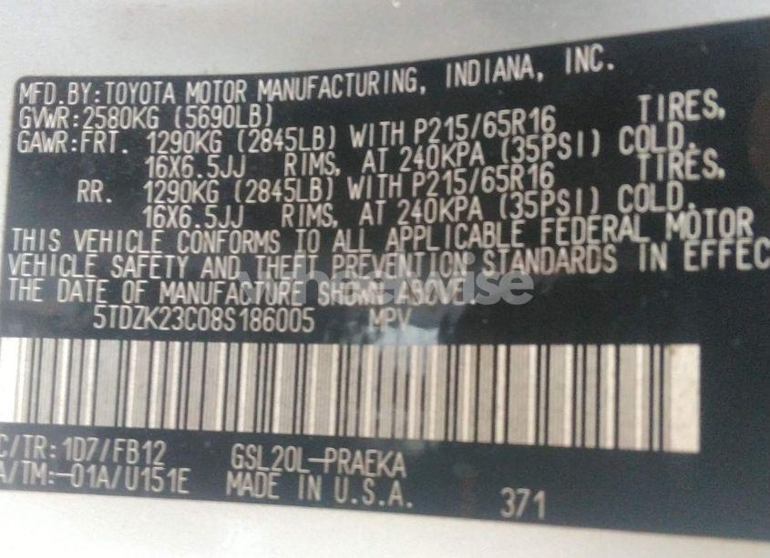 Photo 9 of 2008 Toyota Sienna LE (VIN 5TDZK23C08S186005)