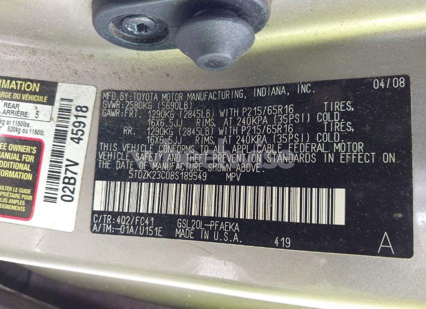 Photo 9 of 2008 Toyota Sienna LE (VIN 5TDZK23C08S189549)