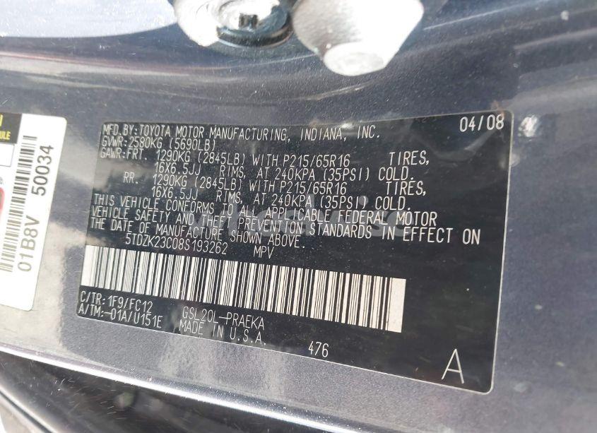 Photo 9 of 2008 Toyota Sienna LE (VIN 5TDZK23C08S193262)