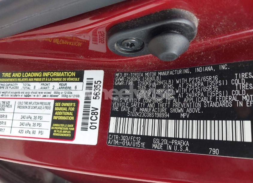 Photo 9 of 2008 Toyota Sienna LE (VIN 5TDZK23C08S198994)