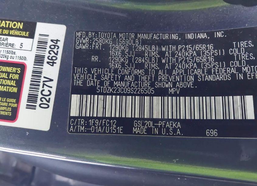 Photo 9 of 2009 Toyota Sienna LE (VIN 5TDZK23C09S226505)