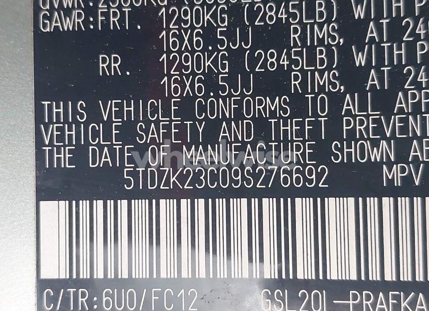 Photo 9 of 2009 Toyota Sienna LE (VIN 5TDZK23C09S276692)