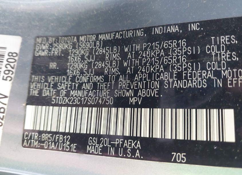 Photo 9 of 2007 Toyota Sienna CE/LE (VIN 5TDZK23C175074750)