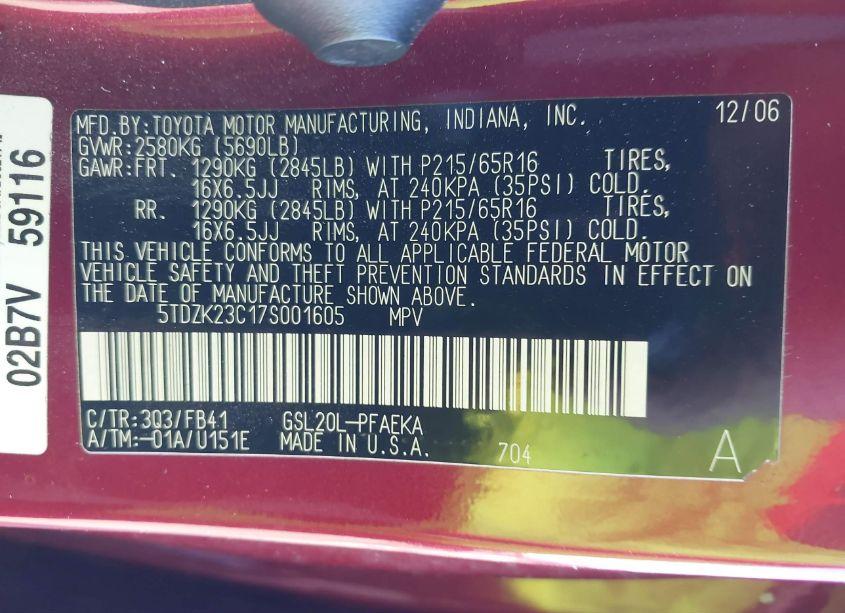 Photo 9 of 2007 Toyota Sienna CE (VIN 5TDZK23C17S001605)