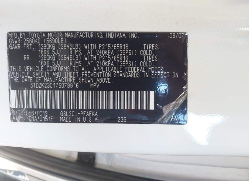 Photo 9 of 2007 Toyota Sienna LE (VIN 5TDZK23C17S079916)