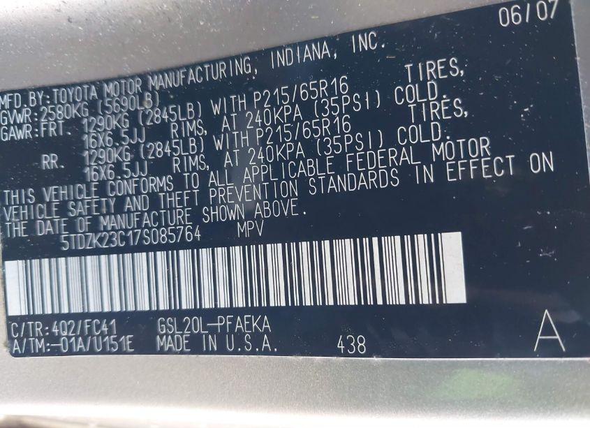 Photo 9 of 2007 Toyota Sienna LE (VIN 5TDZK23C17S085764)