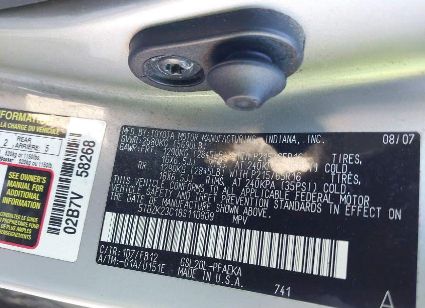 Photo 9 of 2008 Toyota Sienna CE (VIN 5TDZK23C18S110809)