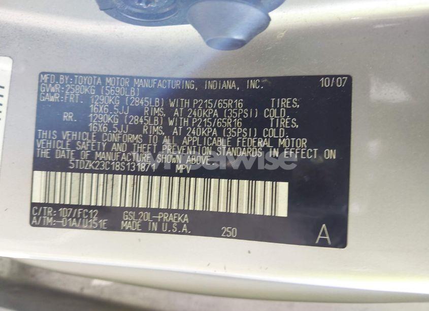 Photo 9 of 2008 Toyota Sienna LE (VIN 5TDZK23C18S131871)