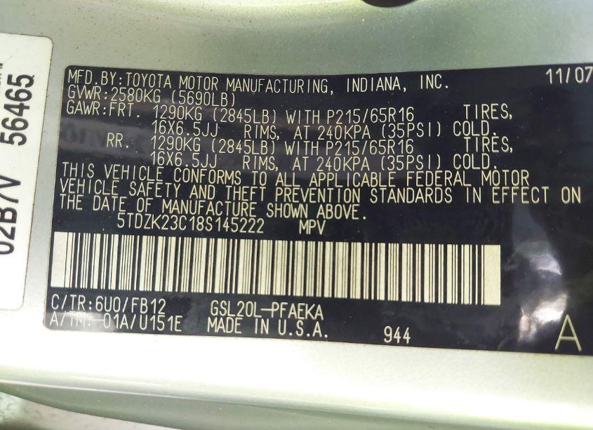 Photo 9 of 2008 Toyota Sienna CE (VIN 5TDZK23C18S145222)