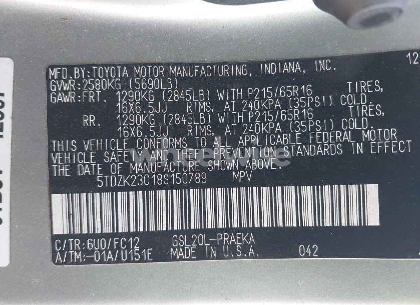 Photo 9 of 2008 Toyota Sienna LE (VIN 5TDZK23C18S150789)