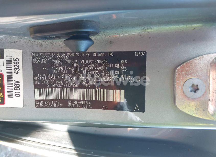 Photo 9 of 2008 Toyota Sienna LE (VIN 5TDZK23C18S151456)