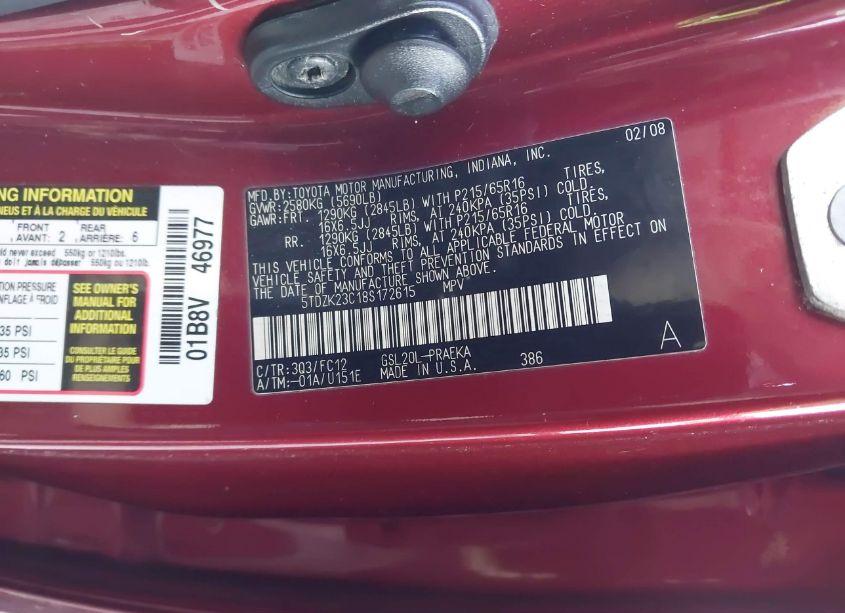 Photo 9 of 2008 Toyota Sienna LE (VIN 5TDZK23C18S172615)