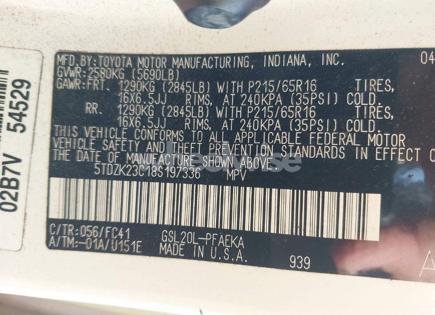 Photo 9 of 2008 Toyota Sienna LE (VIN 5TDZK23C18S197336)