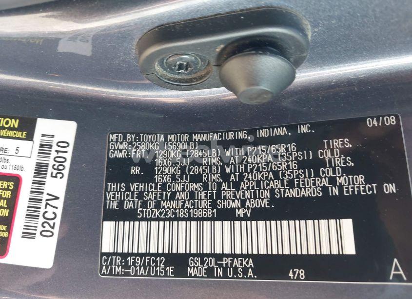 Photo 9 of 2008 Toyota Sienna LE (VIN 5TDZK23C18S198681)