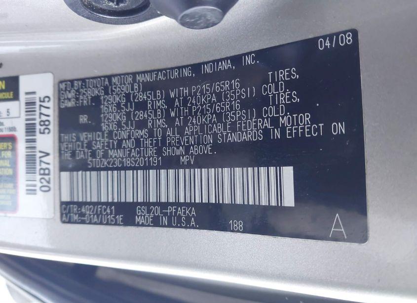 Photo 9 of 2008 Toyota Sienna LE (VIN 5TDZK23C18S201191)