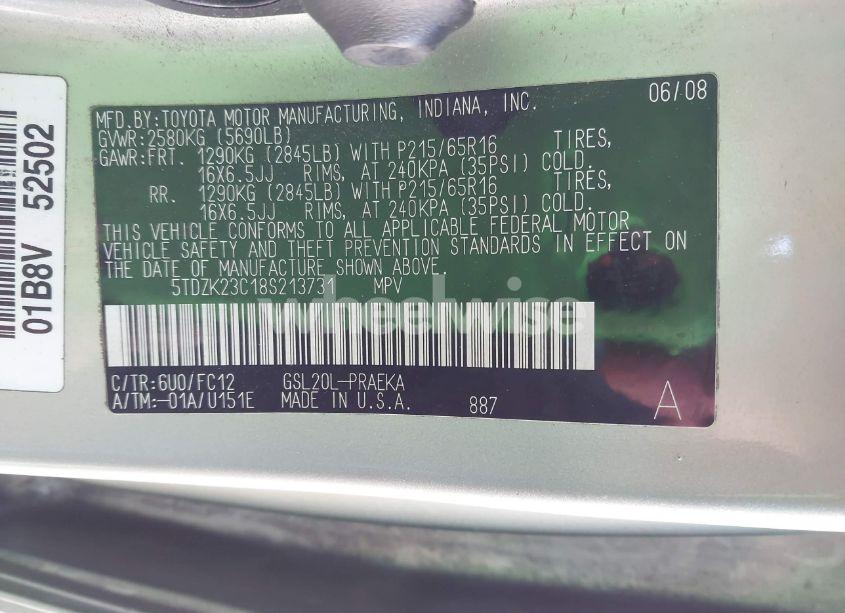 Photo 9 of 2008 Toyota Sienna LE (VIN 5TDZK23C18S213731)