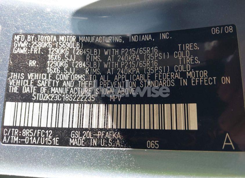 Photo 9 of 2008 Toyota Sienna LE (VIN 5TDZK23C18S222235)