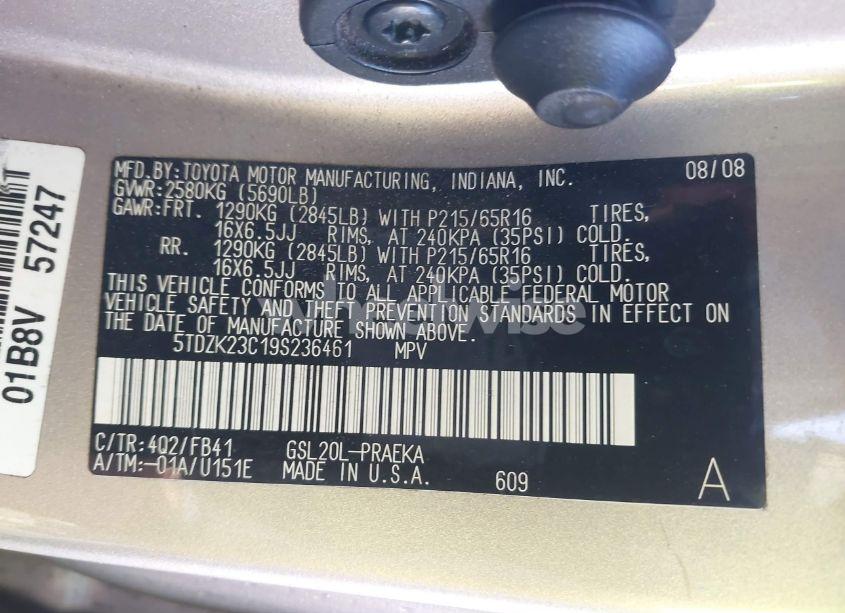 Photo 9 of 2009 Toyota Sienna CE (VIN 5TDZK23C19S236461)