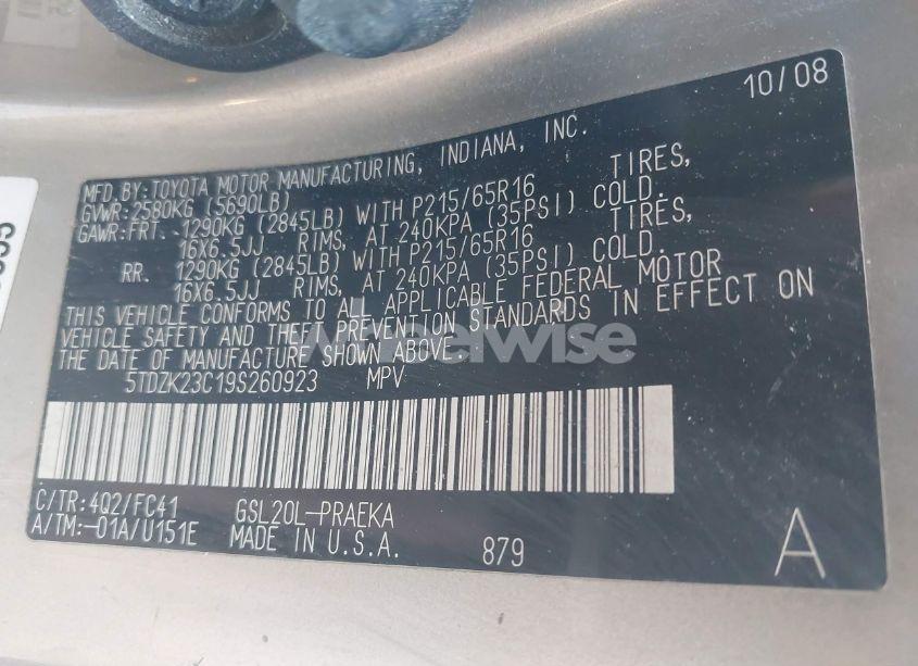 Photo 9 of 2009 Toyota Sienna LE (VIN 5TDZK23C19S260923)