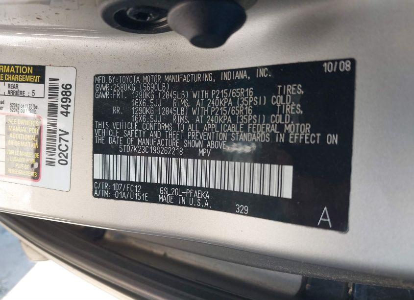 Photo 9 of 2009 Toyota Sienna LE (VIN 5TDZK23C19S262218)