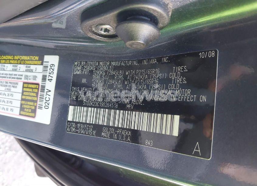 Photo 9 of 2009 Toyota Sienna LE (VIN 5TDZK23C19S264518)