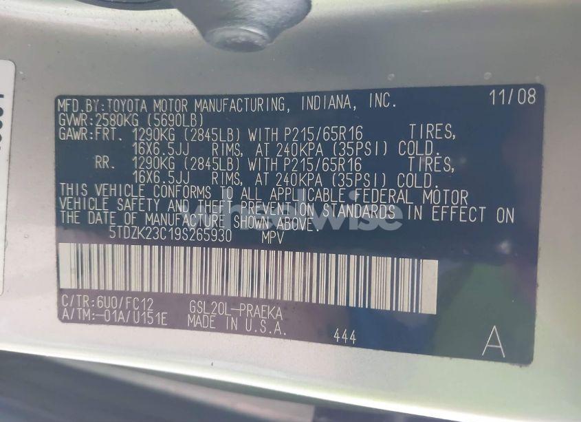 Photo 9 of 2009 Toyota Sienna LE (VIN 5TDZK23C19S265930)