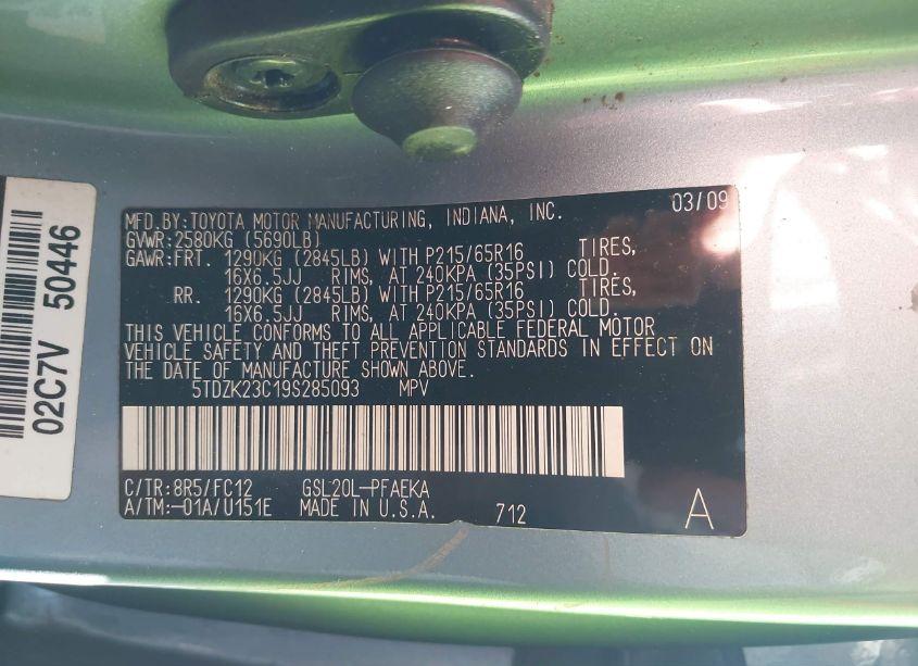 Photo 9 of 2009 Toyota Sienna LE (VIN 5TDZK23C19S285093)