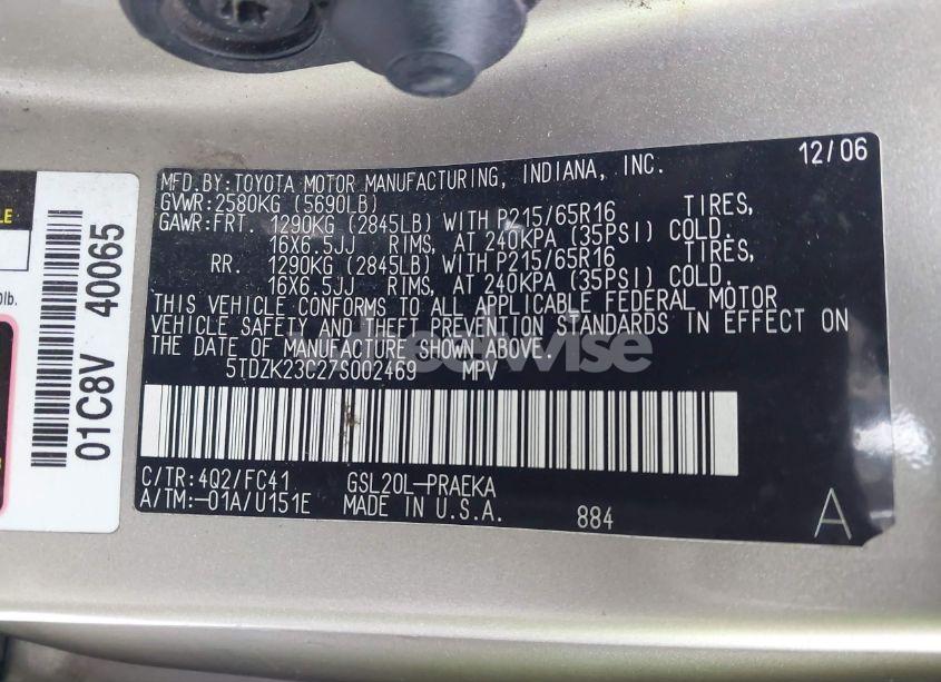 Photo 9 of 2007 Toyota Sienna LE (VIN 5TDZK23C27S002469)