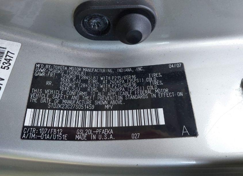 Photo 9 of 2007 Toyota Sienna CE (VIN 5TDZK23C27S051459)