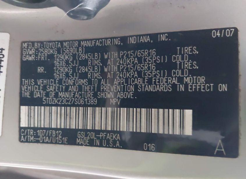 Photo 9 of 2007 Toyota Sienna CE (VIN 5TDZK23C27S061389)