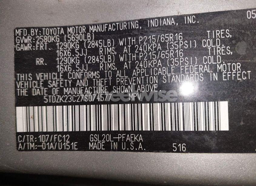 Photo 9 of 2007 Toyota Sienna LE (VIN 5TDZK23C27S074577)