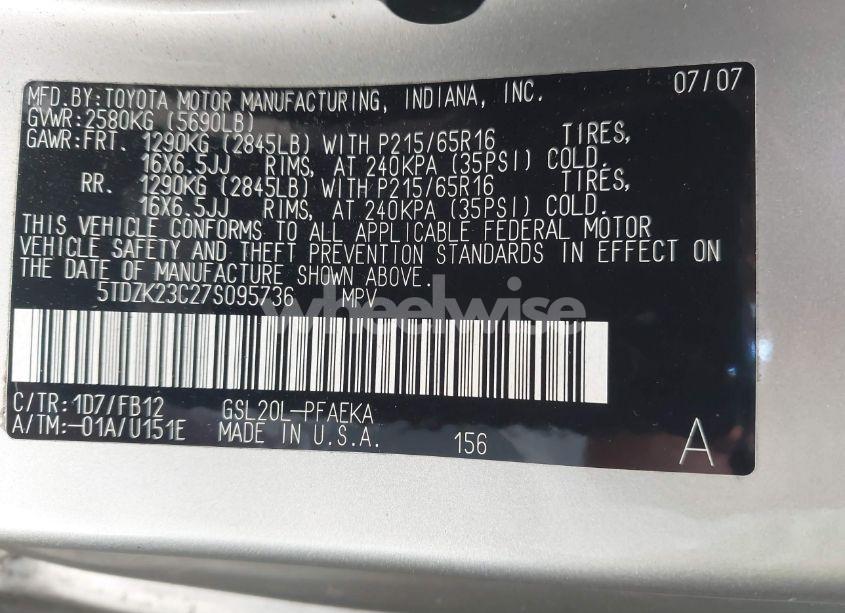 Photo 9 of 2007 Toyota Sienna CE (VIN 5TDZK23C27S095736)