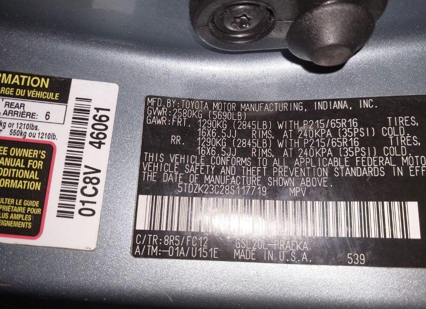 Photo 9 of 2008 Toyota Sienna LE (VIN 5TDZK23C28S117719)