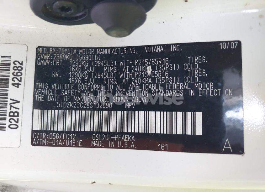 Photo 9 of 2008 Toyota Sienna LE (VIN 5TDZK23C28S132690)