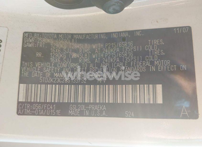 Photo 9 of 2008 Toyota Sienna LE (VIN 5TDZK23C28S135752)