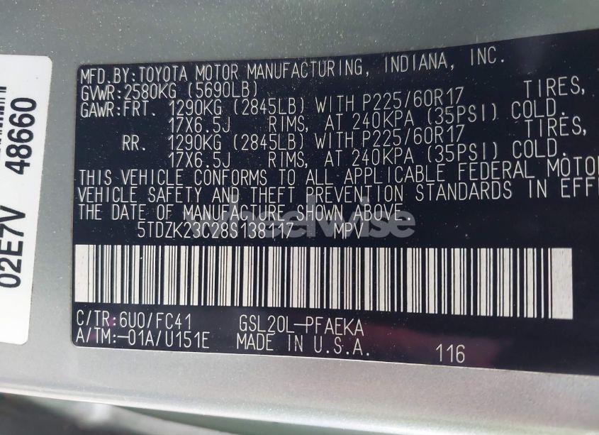 Photo 9 of 2008 Toyota Sienna LE (VIN 5TDZK23C28S138117)