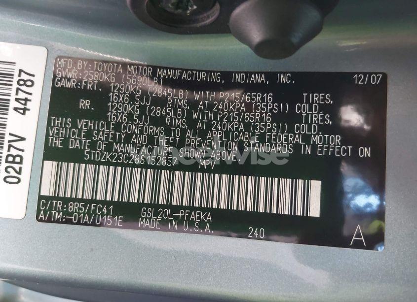 Photo 9 of 2008 Toyota Sienna CE/LE (VIN 5TDZK23C28S152857)