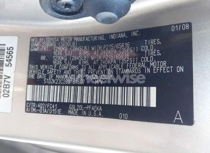 Photo 9 of 2008 Toyota Sienna LE (VIN 5TDZK23C28S161607)