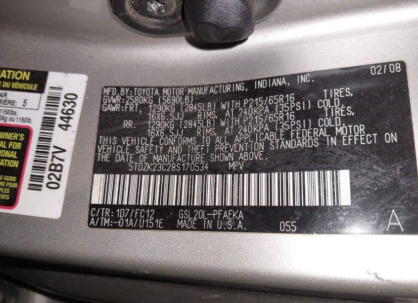 Photo 9 of 2008 Toyota Sienna LE (VIN 5TDZK23C28S170534)