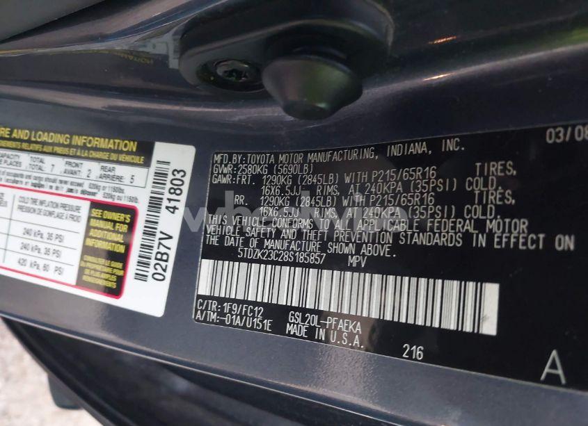 Photo 9 of 2008 Toyota Sienna LE (VIN 5TDZK23C28S185857)