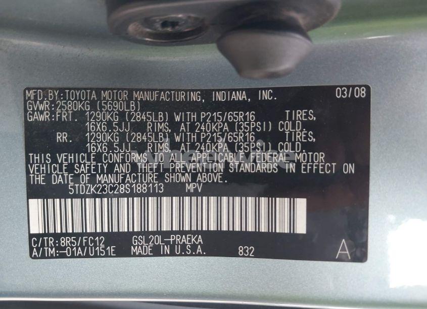 Photo 9 of 2008 Toyota Sienna LE (VIN 5TDZK23C28S188113)