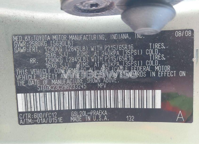 Photo 9 of 2009 Toyota Sienna LE (VIN 5TDZK23C29S233245)