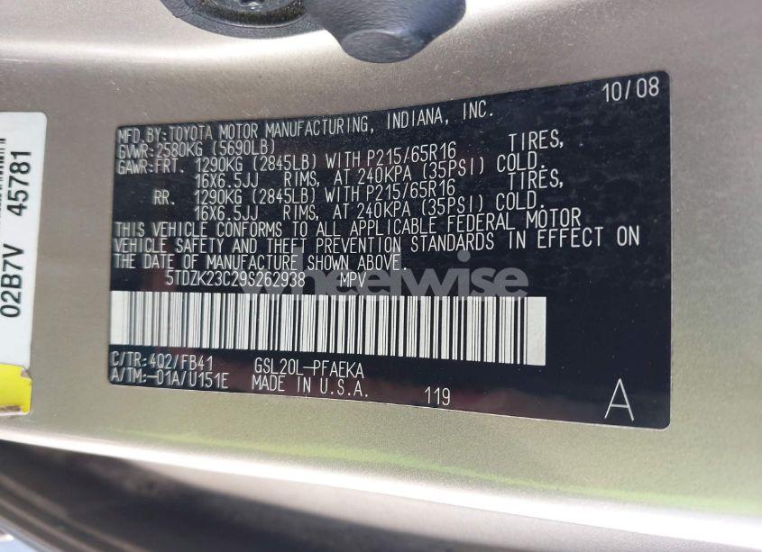 Photo 9 of 2009 Toyota Sienna CE (VIN 5TDZK23C29S262938)