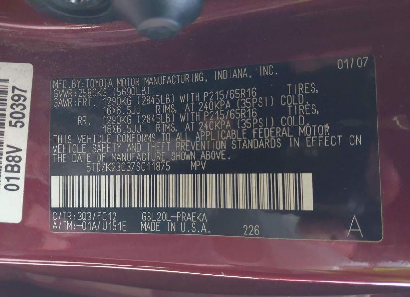 Photo 9 of 2007 Toyota Sienna LE (VIN 5TDZK23C37S011875)
