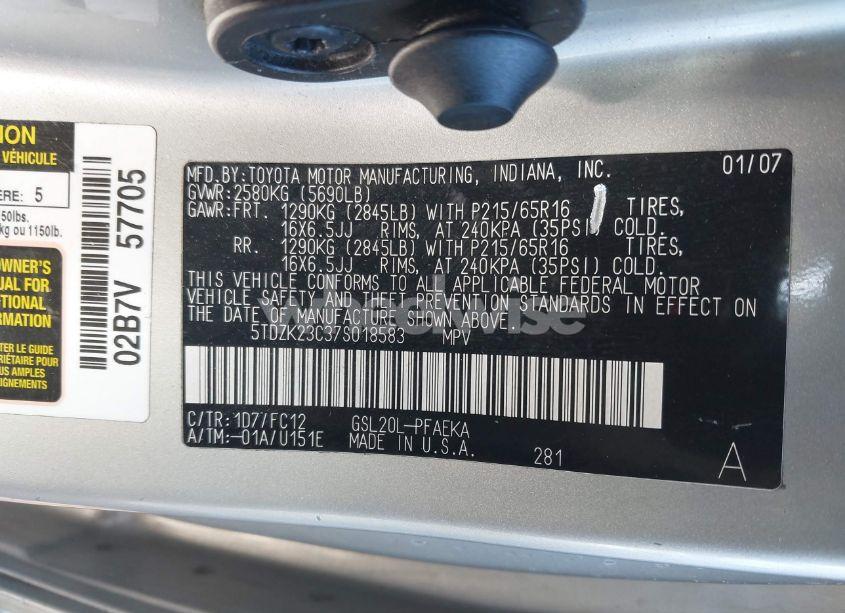 Photo 9 of 2007 Toyota Sienna LE (VIN 5TDZK23C37S018583)