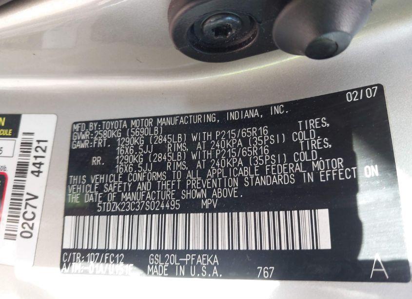 Photo 9 of 2007 Toyota Sienna LE (VIN 5TDZK23C37S024495)